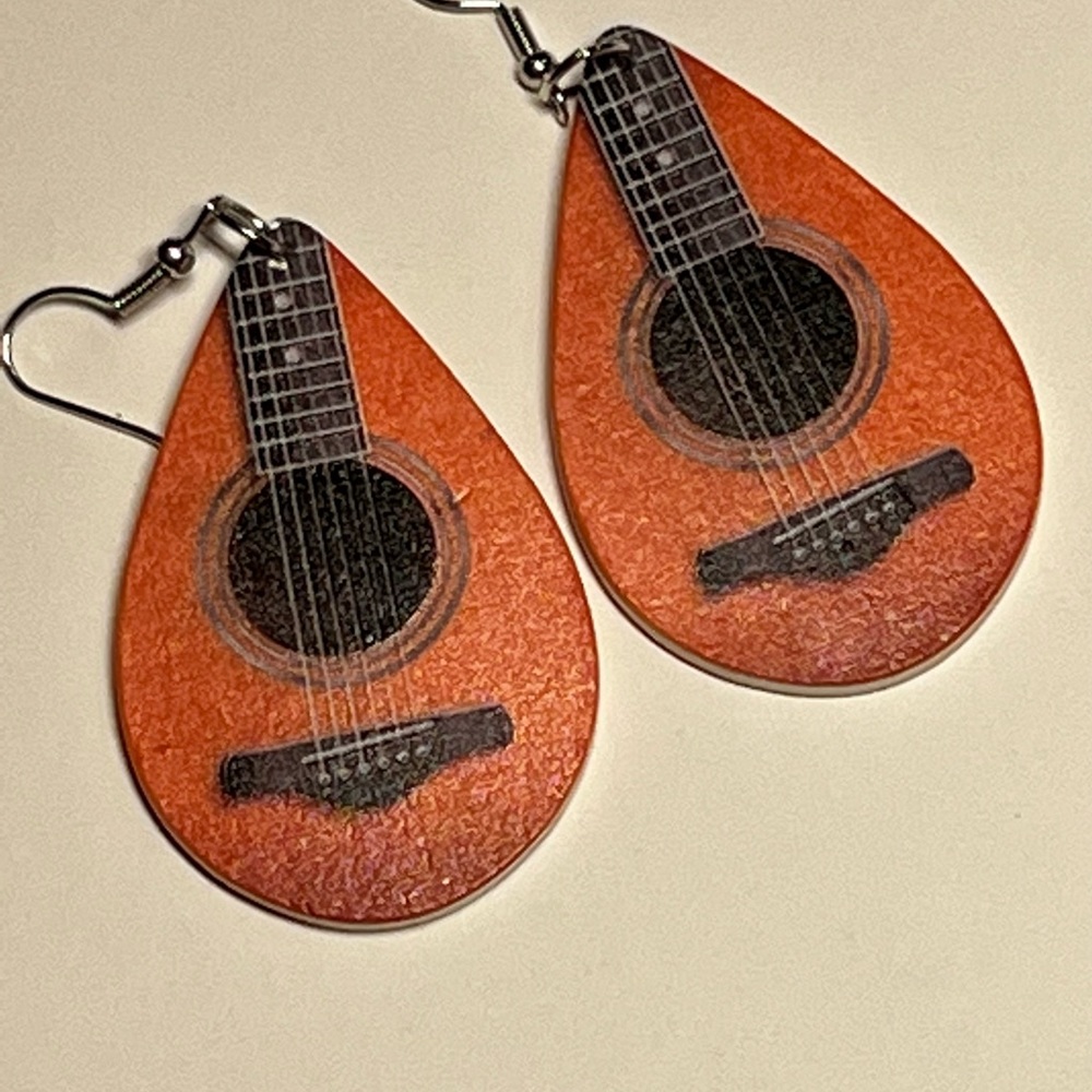 Cute Guitar Tear Drop Wooden Earrings
